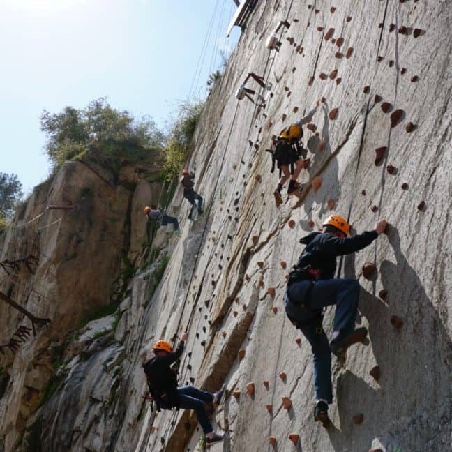 People wearing helmets and harnesses climb an outdoor artificial rock wall on a sunny day, with trees and a blue sky in the background.