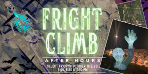 Check out our Fright Climb poster featuring a skeleton scaling a climbing wall, complete with neon text and event dates. Don’t miss the inset images showcasing Halloween-themed decorations and an inflatable creature. It's sure to make spooky headlines in the news!