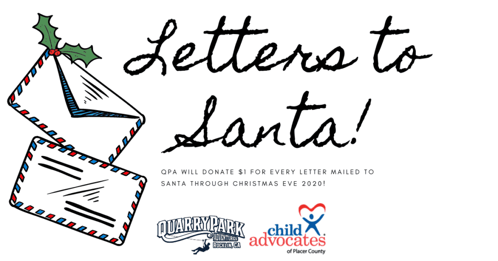 Promotional image for "Letters to Santa!" event featuring an open envelope with holly decoration. Text announces a $1 donation for every letter sent by Christmas Eve 2020.