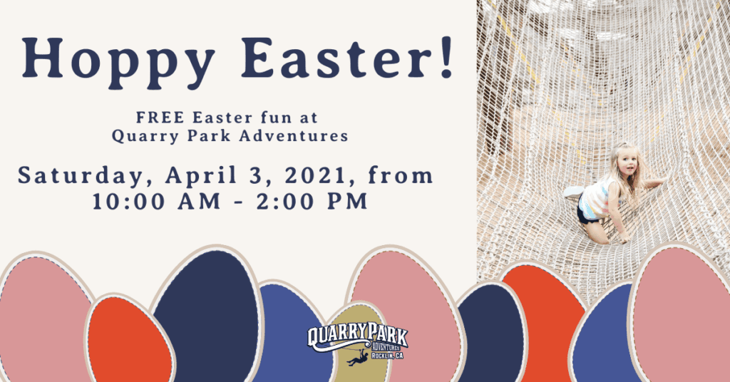 Promotional Easter Egg Hunt flyer with text overlay, featuring a child playing in a netted area, and colorful eggs along the bottom edge.