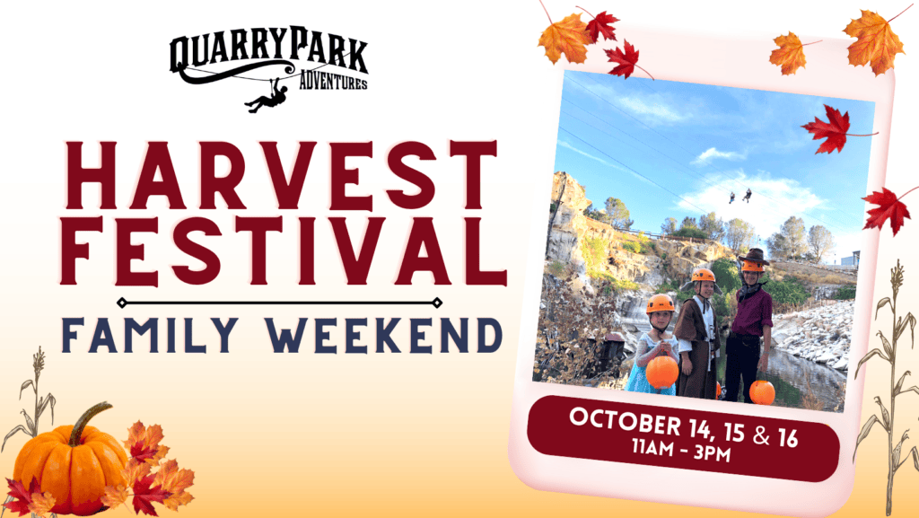 Promotional graphic for Quarry Park Adventures 2022 Harvest Festival Family Weekend, featuring a family with pumpkins, set for October 14-16 from 11 am to 3 pm.
