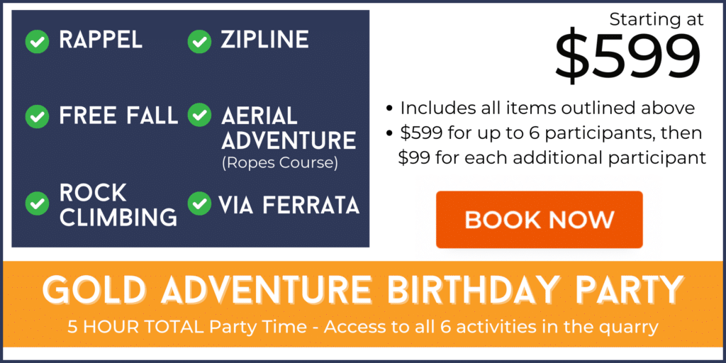  Gold Adventure Birthday Party package flyer showcasing thrilling activities like rappel, zipline, free fall, aerial adventure, rock climbing, and via ferrata. Perfect for unforgettable birthday parties! Packages start at $599.