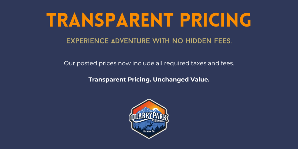 Promotional image for Quarry Park Adventures highlighting Transparent Pricing with no hidden fees. Includes a logo at the bottom and emphasizes that all required taxes and fees are included in posted prices.