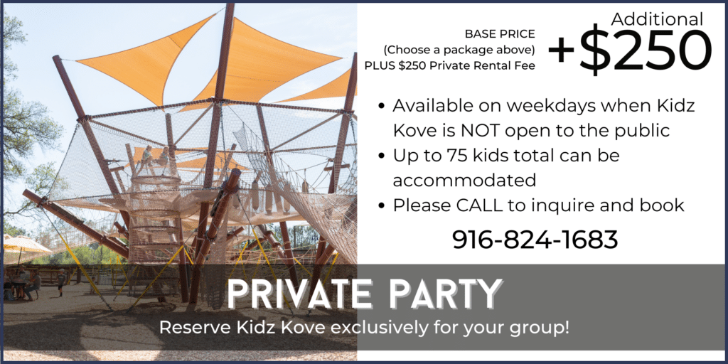Playground structure with orange sails. Text details private party rental information for Kidz Kove, perfect for Birthday Parties, including pricing, capacity of 75 kids, and contact number 916-824-1683.