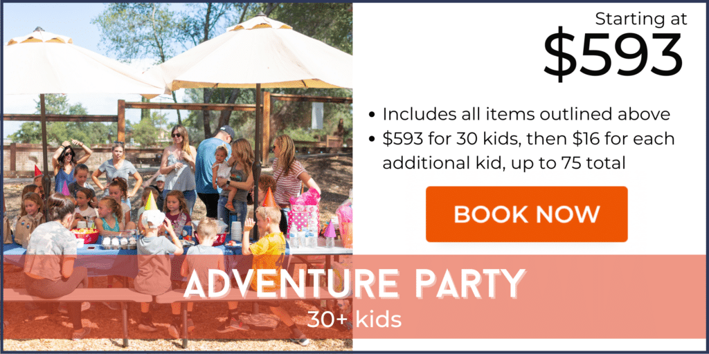 A large group of children and adults gathered outdoors under umbrellas for a birthday party. Text on the image advertises an adventure party package for $593 for 30 kids, with additional costs for more kids. Perfect for unforgettable parties!
