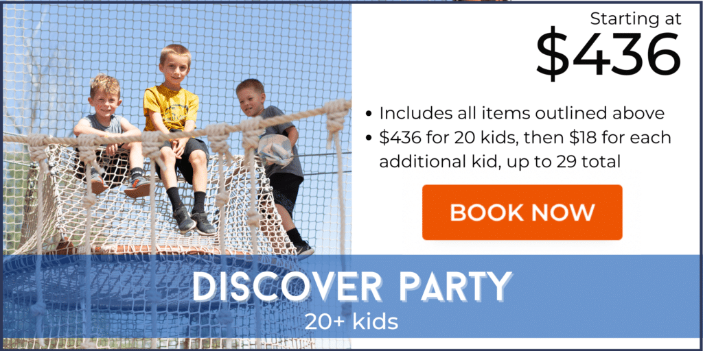 Three children in casual clothing are sitting on a netted structure. The ad promotes a "Discover Party" package for 20+ kids, perfect for unforgettable birthday parties, starting at $436 with an "Includes all items outlined above" line and a "Book Now" button.