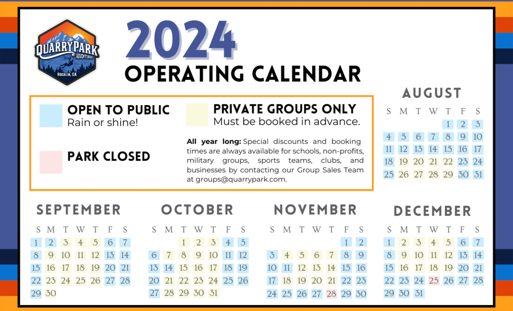 The 2024 operating calendar for Quarry Park shows open, private, and closed days from August to December. Open days are in blue, private groups only in yellow, and park closed in gray. Booking details and contact information are included along with specific hours for each day.