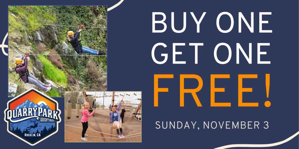 Discover the thrill at Quarry Park Adventure with a special Buy One Get One FREE offer this Sunday, November 3. Join us for an unforgettable day featuring images of two adventurers ziplining and children conquering a rope bridge. Don't miss out on this exciting opportunity!