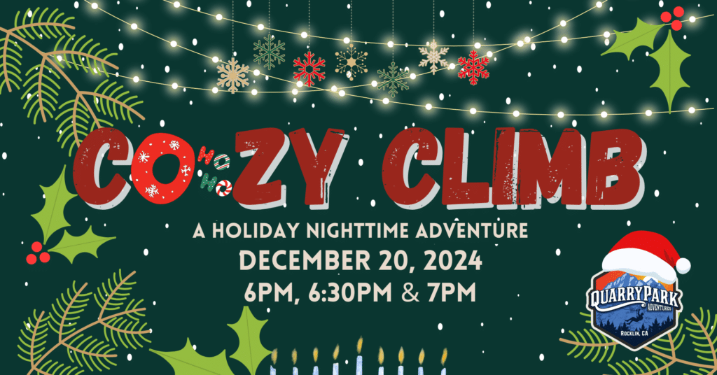 Join us for a festive Co-Ho-Ho-Zy Holiday Climb on December 20, 2024, at Cozy Climb! Enjoy the holiday lights and Quarry Park logo with a Santa hat. Climbs start at 6pm, 6:30pm, and 7pm.