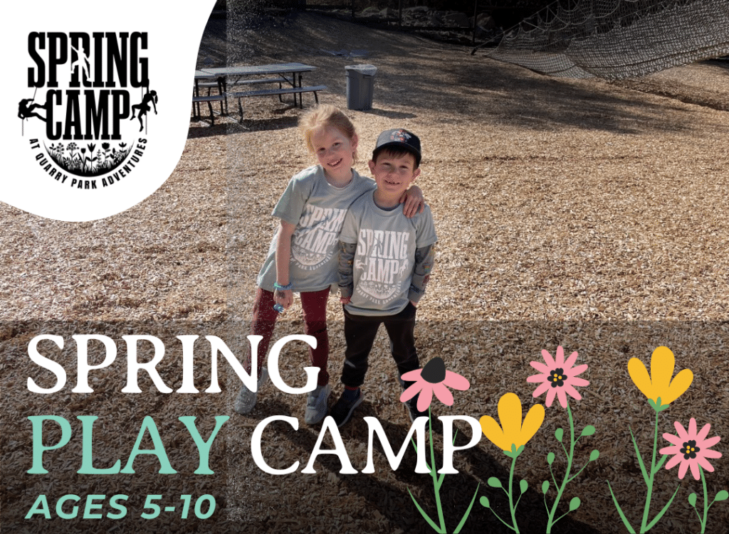 Two children standing together outdoors at a vibrant Spring Break Camp. Text reads: "Spring Play Camp, Ages 5-10." Colorful flowers are illustrated below the text.