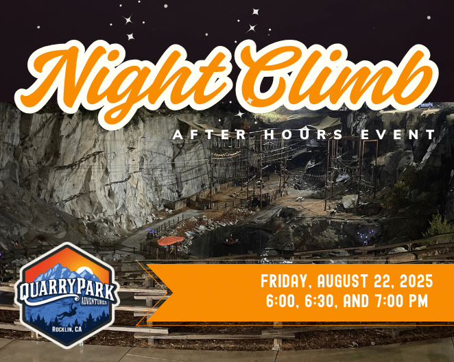 Experience the thrill of Night Climbs at Quarry Park Adventures! Join us for the "Night Climb After Hours Event" under glowing string lights on August 22nd, with three start times. Don’t miss your chance to return for this unforgettable adventure!.