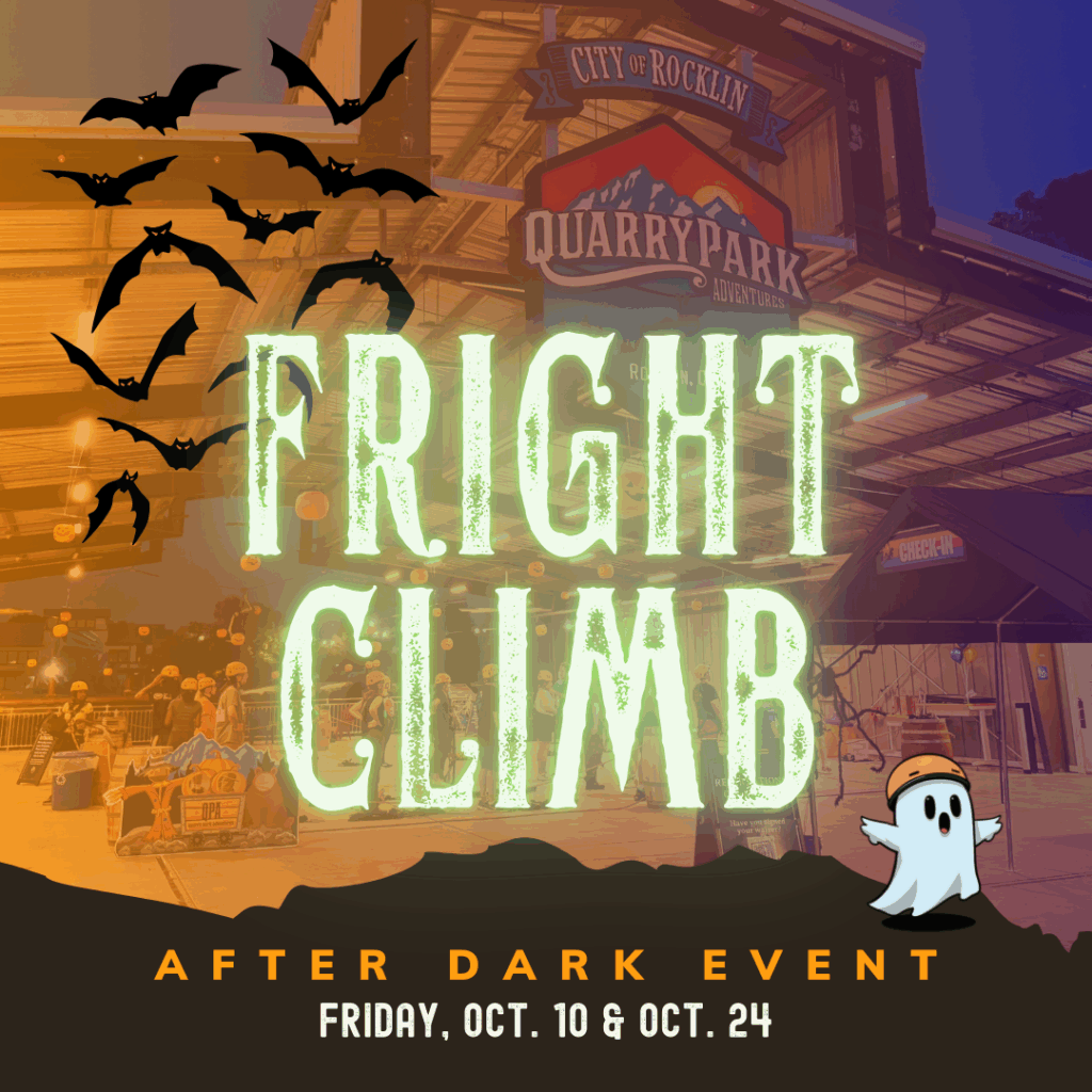 A sign with bats flying in the air at Quarry Park Adventures in Rocklin hints at a special climb waiting for thrill-seekers.