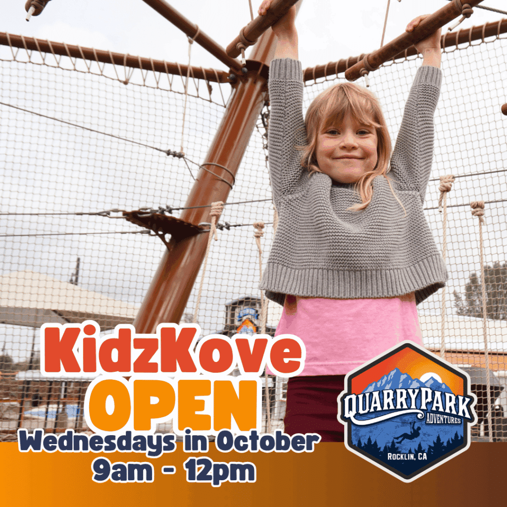 Young girl hanging from ropes at an outdoor playground with text promoting KidzKove and Upcoming Events—open Wednesdays in October, 9am-12pm, at Quarry Park Adventures, Rocklin, CA.