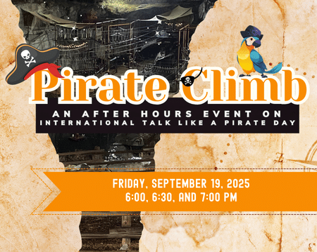 Event banner for "Pirate Climb," a Night Climb at Quarry Park Adventures in Rocklin on September 19, 2025. Enjoy pirate-themed fun after hours with climbs at 6:00, 6:30, and 7:00 PM!.