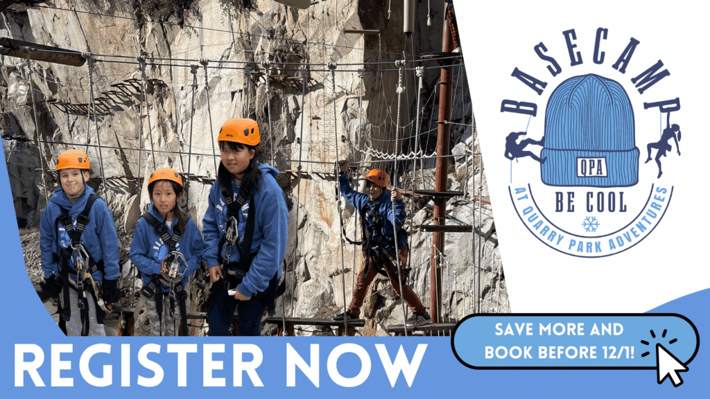 Four kids wearing helmets and harnesses navigate a ropes course outdoors. Text: "Basecamp at Quarry Park Adventures—Winter Camps available! Register Now. Save more and book before 12/1.