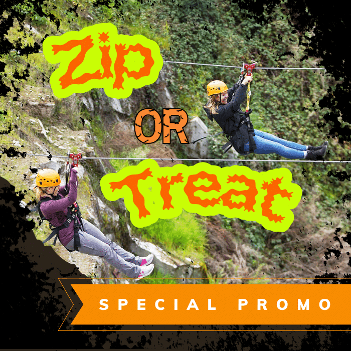 Two people ziplining outdoors, wearing helmets and harnesses, with the text "Zip or Treat," "Special Promo," and a mention of upcoming events overlaid on the image.