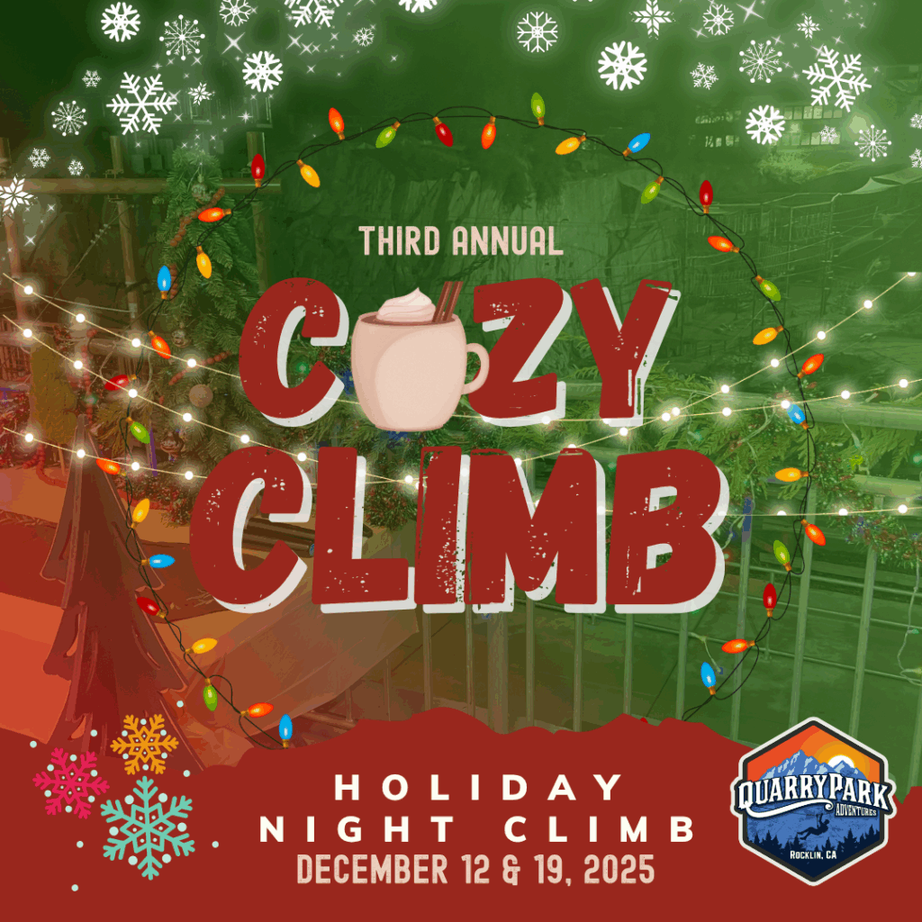 Promotional graphic for the Third Annual Cozy Climb Holiday Night Climb at Quarry Park, featuring colorful lights, snowflakes, and event dates December 12 & 19, 2025.