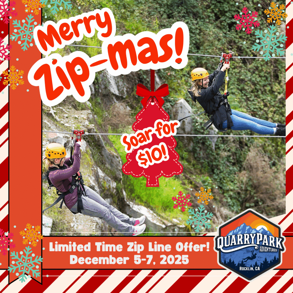 Two people zip line outdoors in safety gear, with festive text promoting a limited time "$10 Zip Line Offer" at Quarry Park Adventures from December 5-7, 2025.