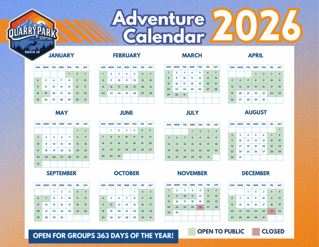 2026 calendar for Quarry Park Adventures displays open (green) and closed (red) days, along with hours of operation. Open to public most days except December 24 and 25. For details, please contact us.
