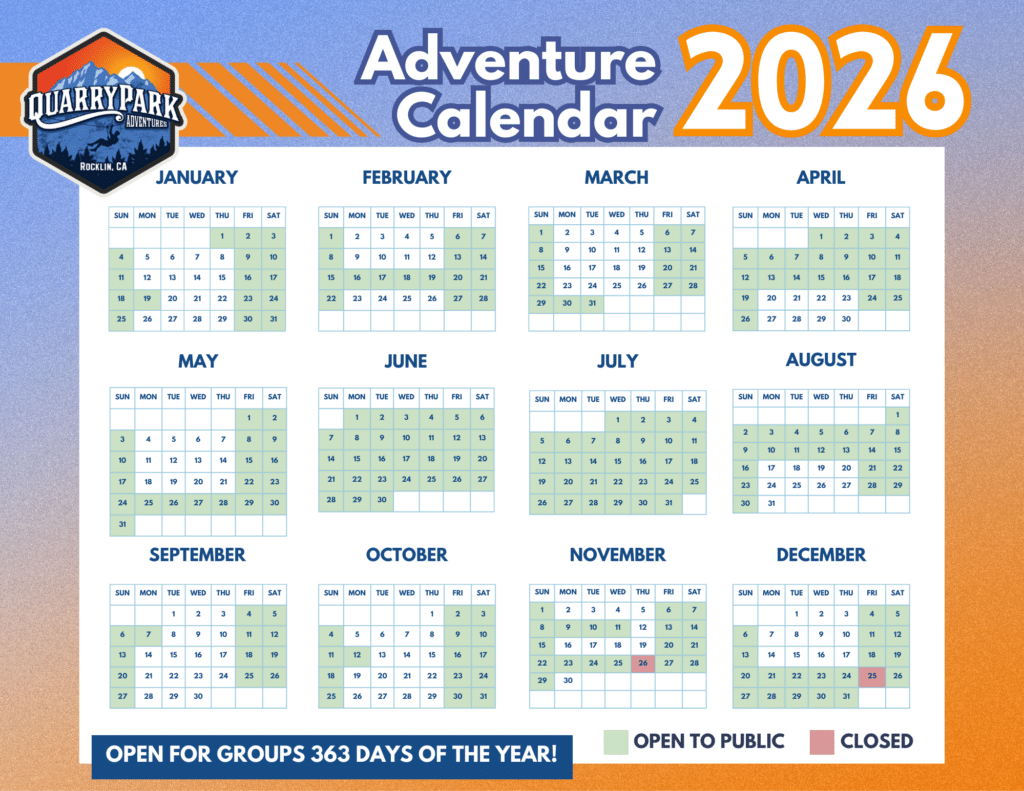2026 calendar for Quarry Park Adventures showing open days in green, closed days in red, and park Hours. Open for groups 363 days of the year—Contact us for details.