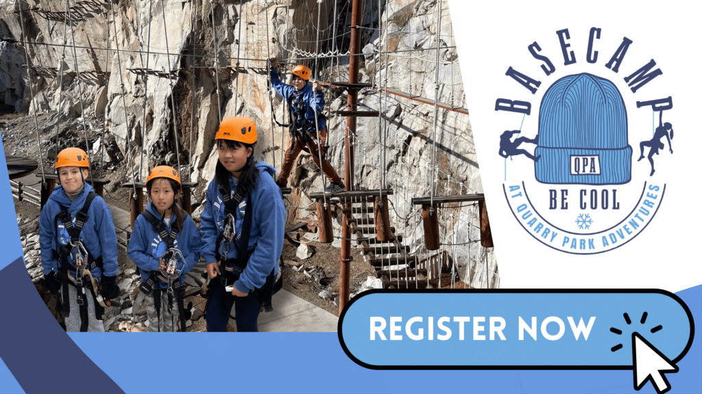 Four children wearing helmets and harnesses stand on a rocky ropes course. A “Basecamp Be Cool” logo and a “Register Now” button are displayed on the right side of the image.