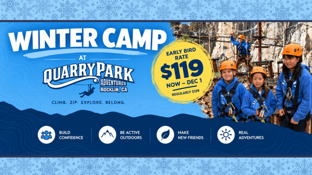 Banner for Quarry Park Winter Camp in Rocklin, CA. Four children in blue gear climb a ropes course. Early Bird Rates for Winter Camp Registration—just $119 through Dec 1. Icons highlight camp benefits like confidence and friendship at Quarry Park Adventures.