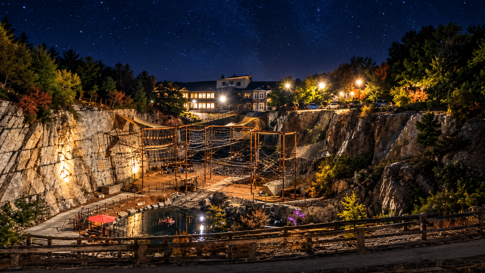 An illuminated ropes course spans a rock quarry at night, shining like a 2025 Hero challenge, with buildings and parked cars in the background under a starry sky—creating an adventurous escape far from home.